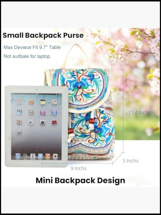 Embroidered Floral Boho Mini Backpack Lightweight Canvas Daypack Casual Travel main image 5